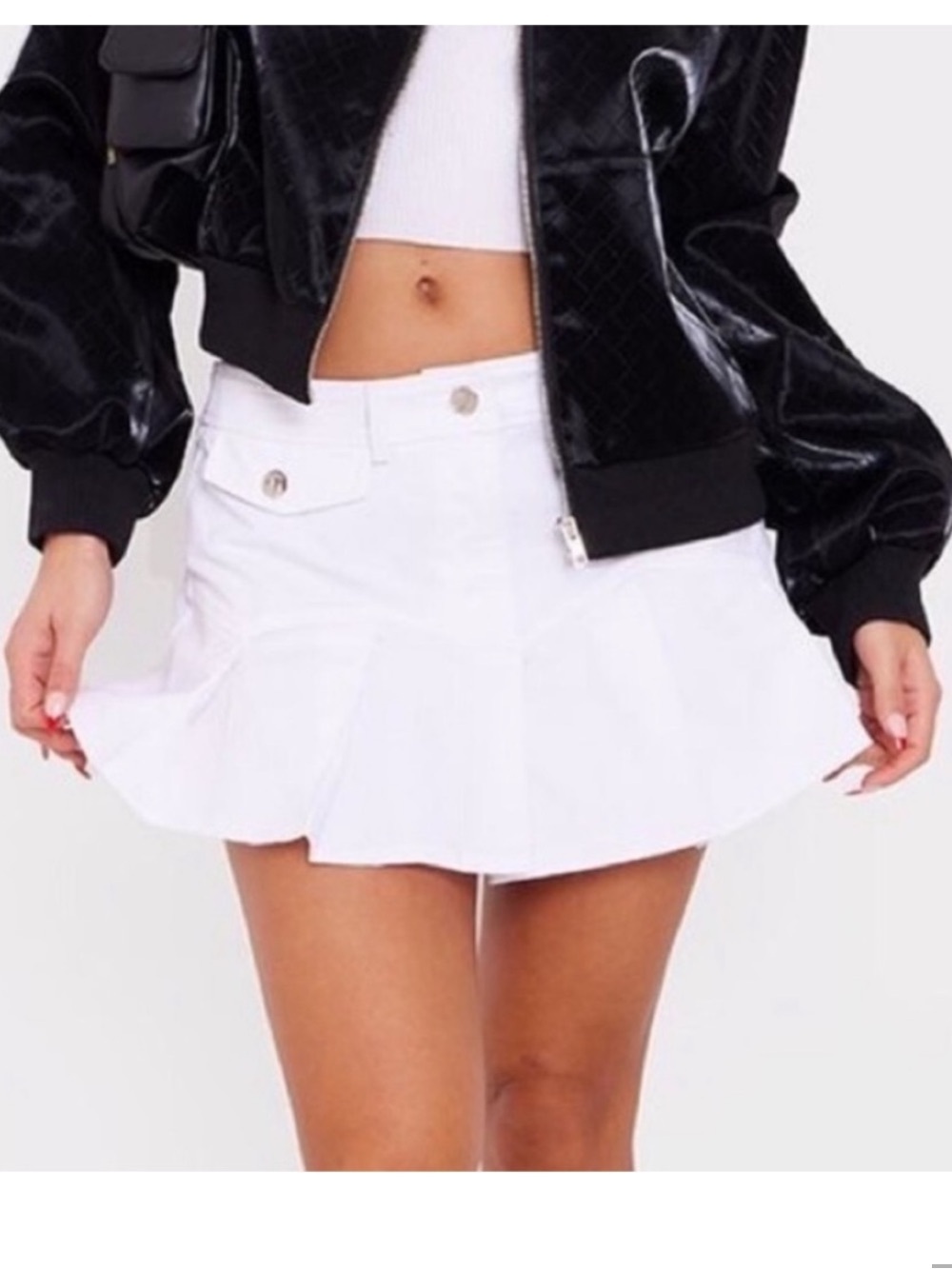 White Twill Low Rise Pleated Micro Mini Skirt